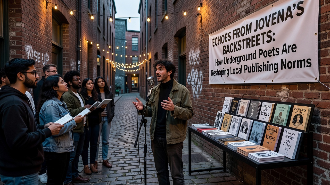 Close-up of a poet reading from a handmade chapbook under dim lighting with an attentive crowd in the background