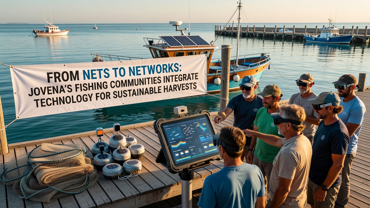 Community members reviewing sustainable fishing data on tablets aboard a research vessel